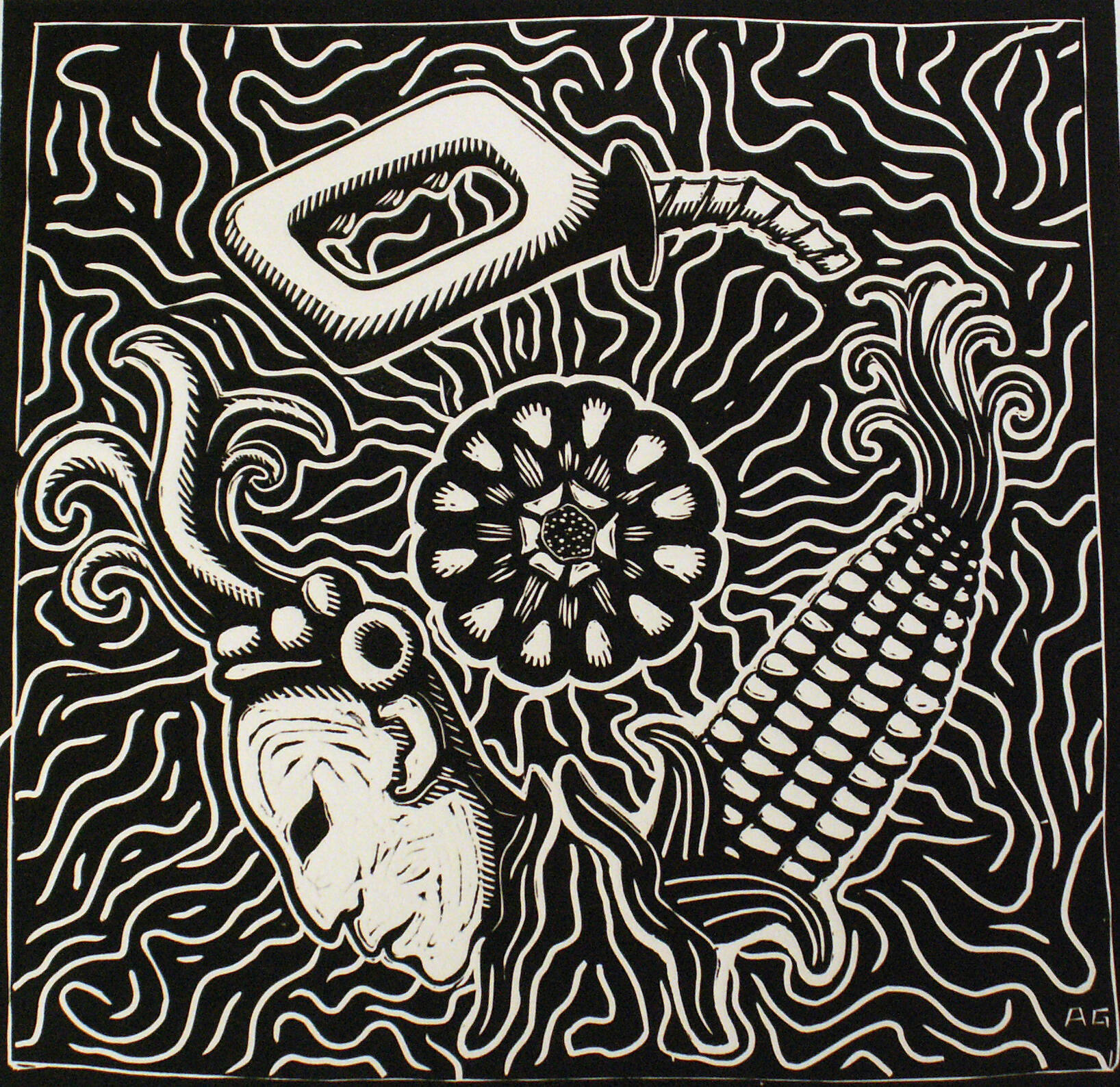 Black and white image of a face, a flower, an ear of corn, and a gas pump nozzle with a maze like background.